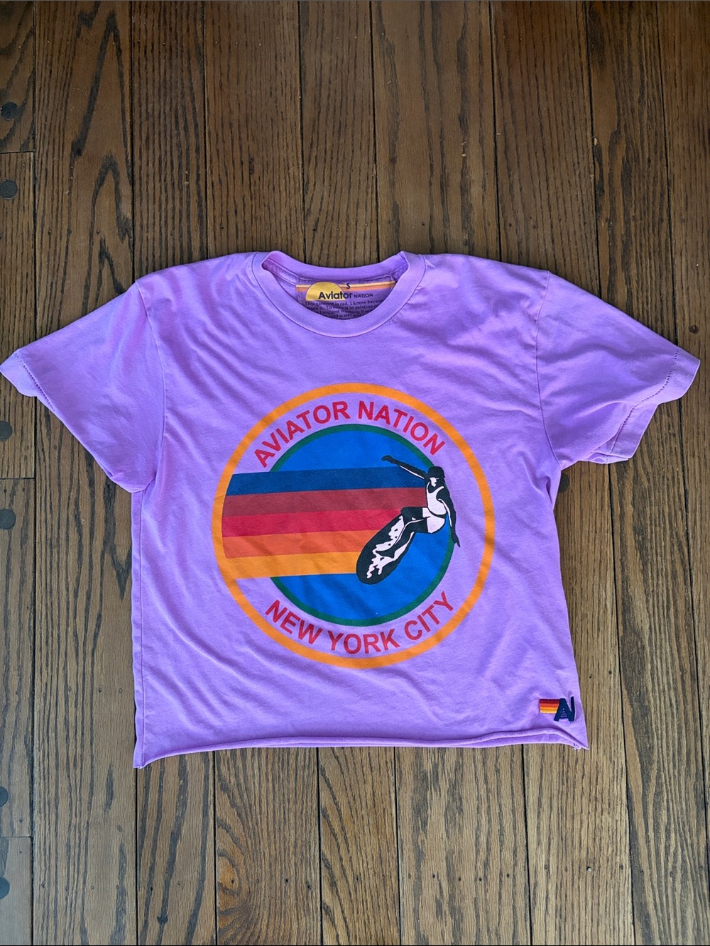 Aviator Nation Lilac Surfer Logo Tee with Rainbow Badge Women’s S